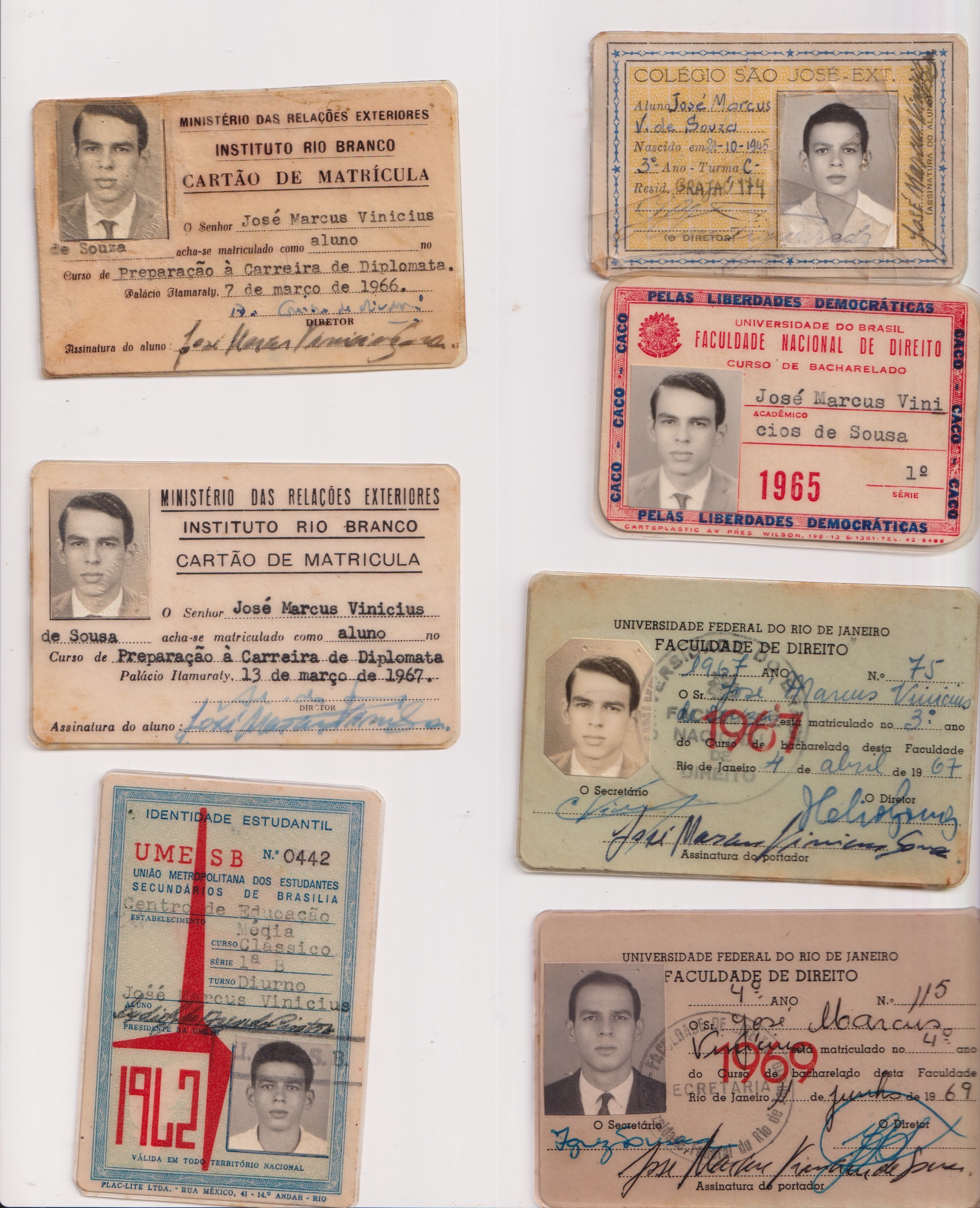 Carteiras e crachás de diversos momentos da vida estudantil de José Marcus Vinicius de Sousa. É possível identificar carteiras estudantis do Colégio São José, da Faculdade Nacional de Direito da Universidade Federal do Rio de Janeiro e do Instituto Rio Branco.